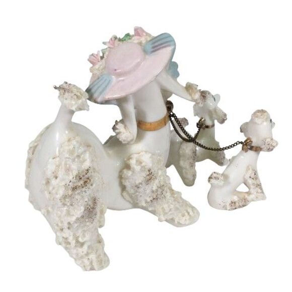 Vintage Spaghetti Poodle Dog Mother w/Two Babies Puppies on Chain Blue Pink Hat - Picture 4 of 16